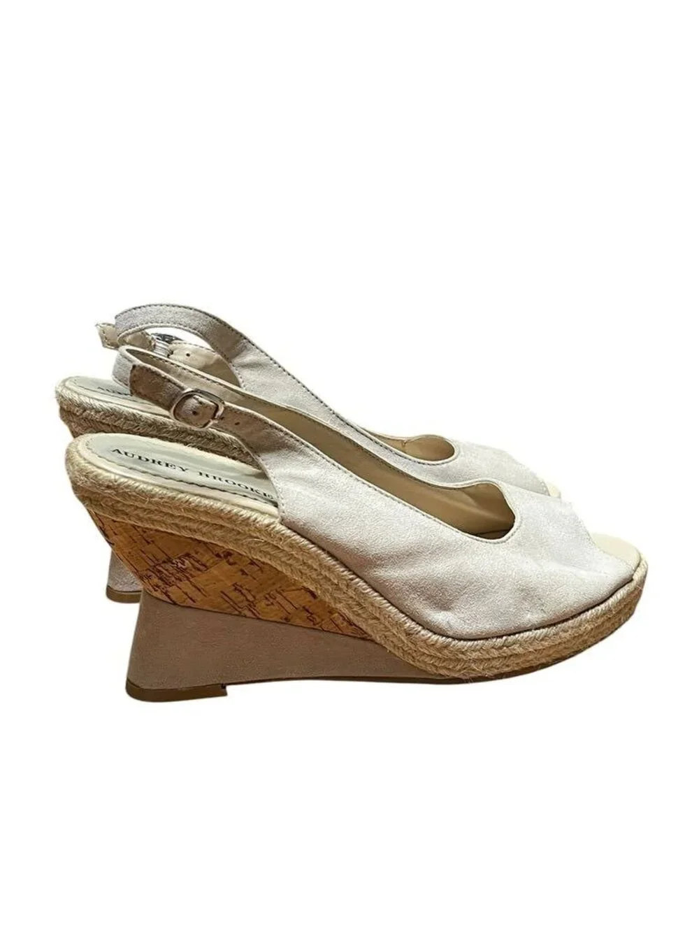 Audrey Brooke Beige Open-Toe Wedge Espadrilles Suede Leather 8.5 B